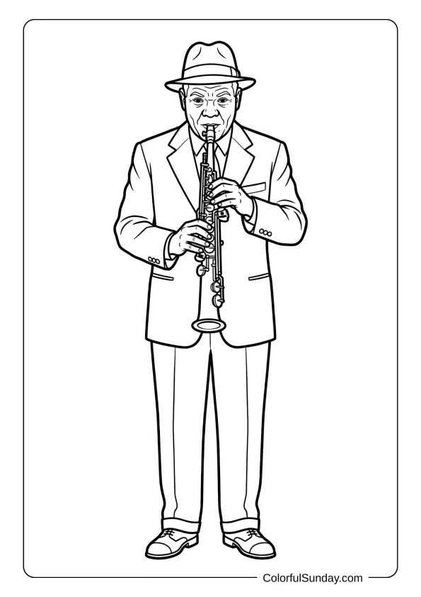 A coloring page featuring elegant musician playing straight soprano saxophone with focused expression and refined posture.