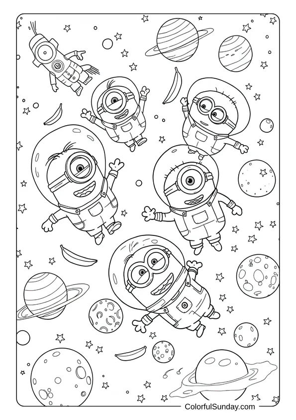 Minions floating happily through space surrounded by planets and bananas in this outer space coloring page.