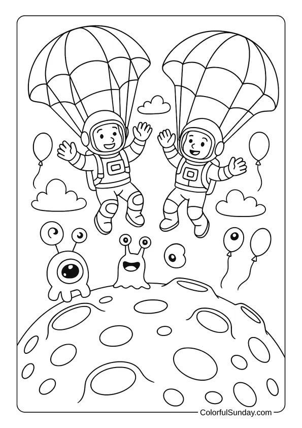 Two astronauts with parachutes land on an alien planet with smiling extraterrestrials in this coloring page.