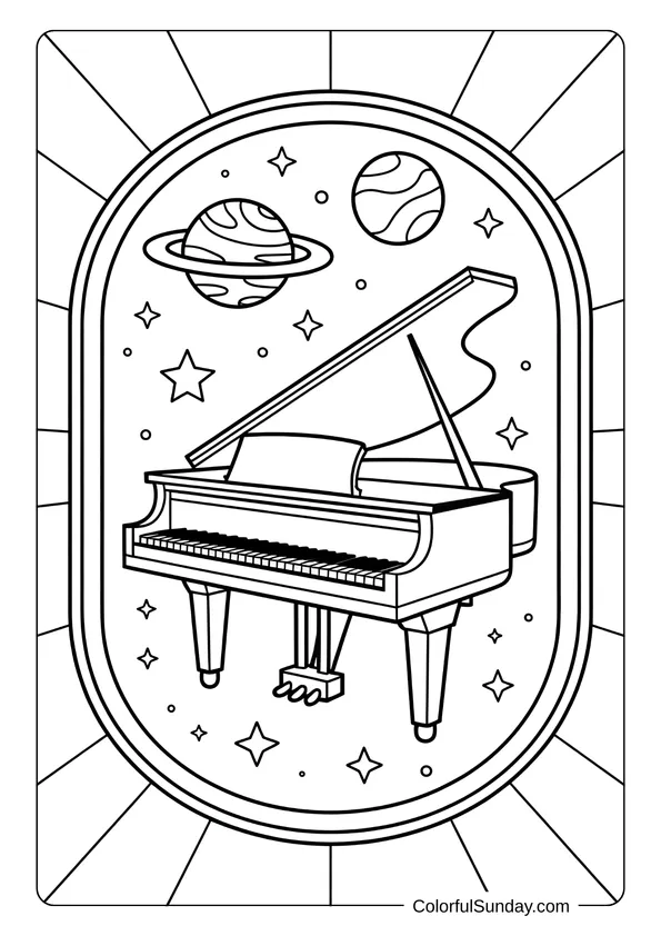 Pokemon Badges And Logo Coloring Page Space-themed poster with a grand piano floating among planets and stars in a coloring page style.