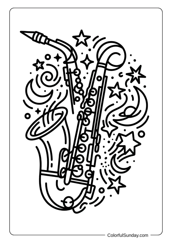 A saxophone coloring page surrounded by swirling stars, moons, and celestial elements coloring page.