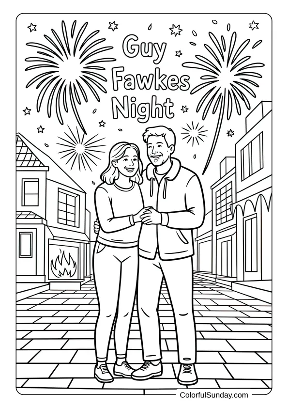 Guy Fawkes Night coloring page featuring a couple standing together on a decorated street with fireworks.