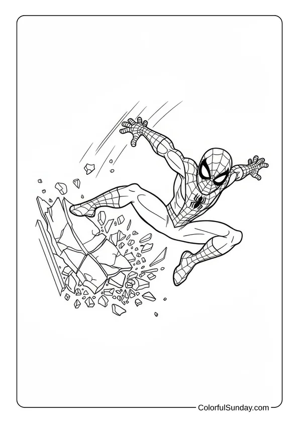 Spider-Man crashes through a wall in this dynamic coloring page.