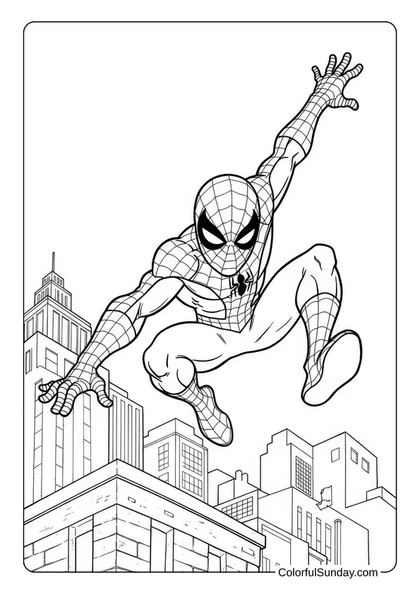 Spider-Man leaps over a city skyline in this high-energy coloring page.