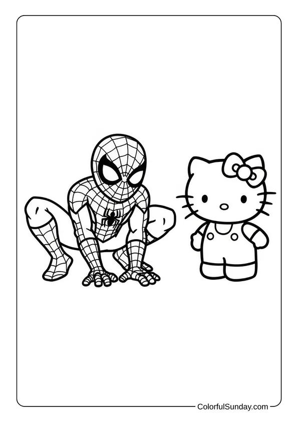 Hello Kitty stands next to a crouching Spider-Man in a playful coloring page.