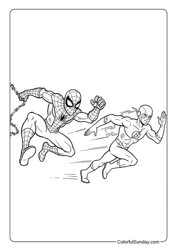 Spider-Man swinging and racing against The Flash in this action-filled coloring page.