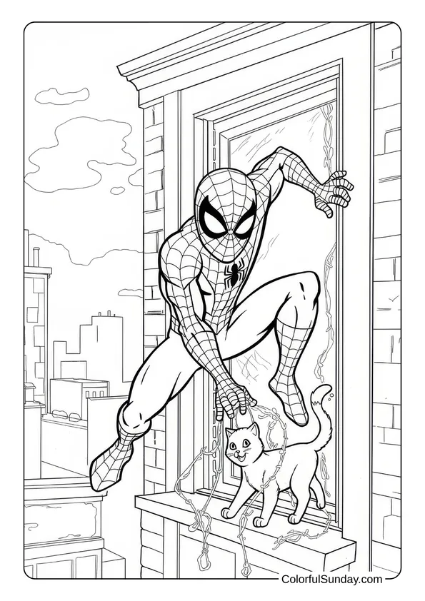 Coloring page of Spider-Man rescuing a cat from a windowsill in a city setting.
