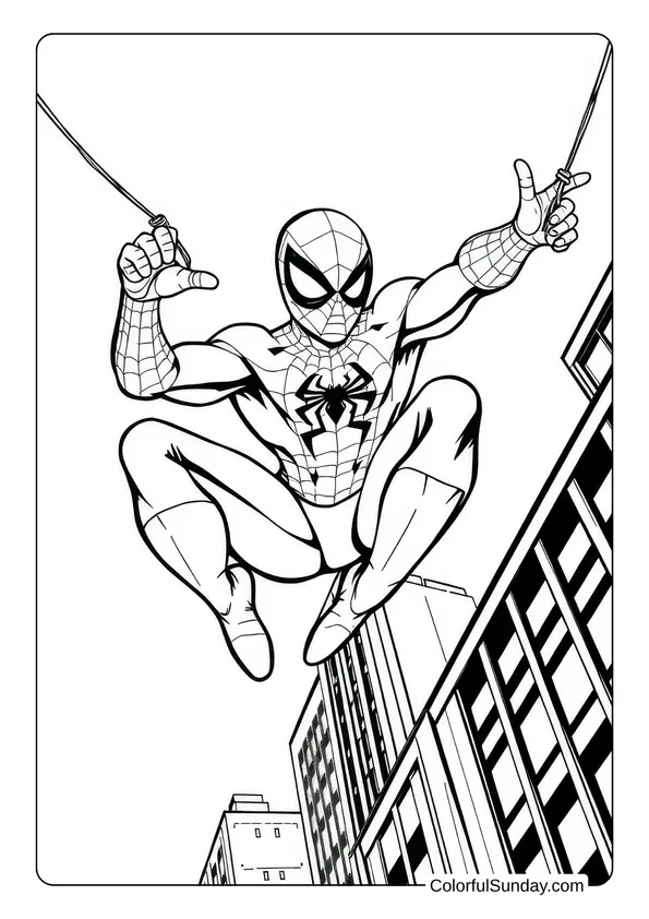 Spider-Man coloring page of him swinging between buildings with both webs extended.