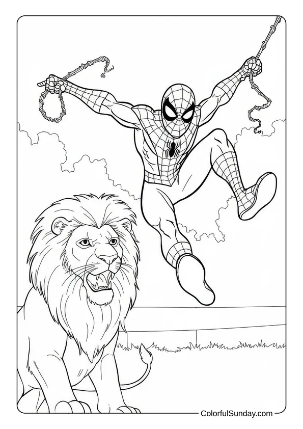 Spider-Man swings over a lion in this zoo-themed coloring page.
