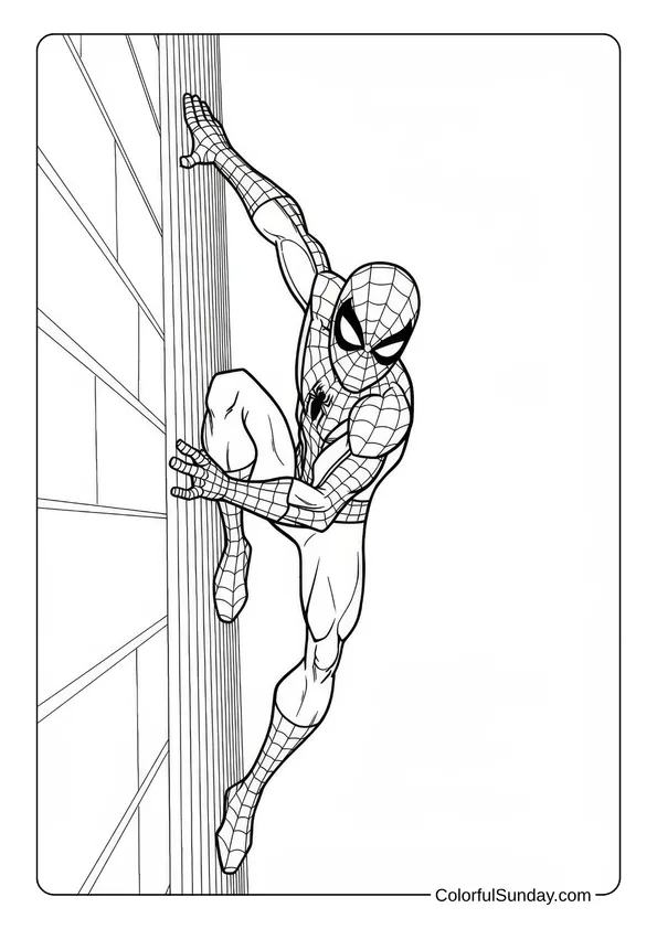 Coloring page of Spider-Man climbing a tall building using his wall-crawling ability.