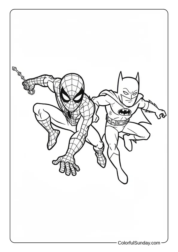 Spider-Man and Batman leaping into action together in this superhero duo coloring page.