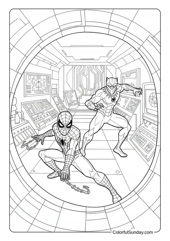 Spider-Man and Black Panther stand ready inside a high-tech control room in this coloring page.