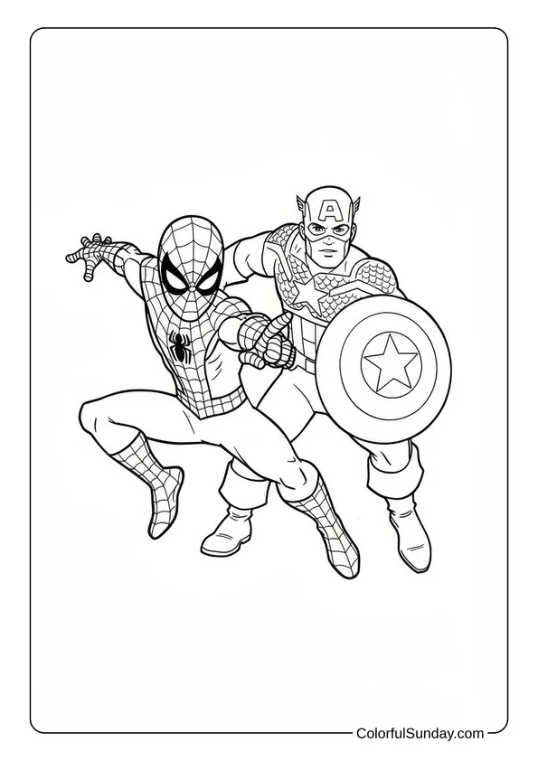 Spider-Man and Captain America pose heroically together in this action coloring page.