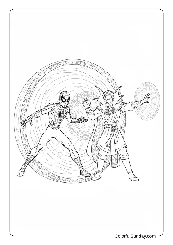 Spider-Man and Doctor Strange prepare for battle in this superhero coloring page.