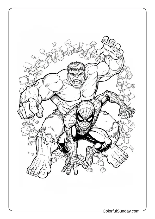 Hulk and Spider-Man burst through a wall in this powerful action-packed coloring page.