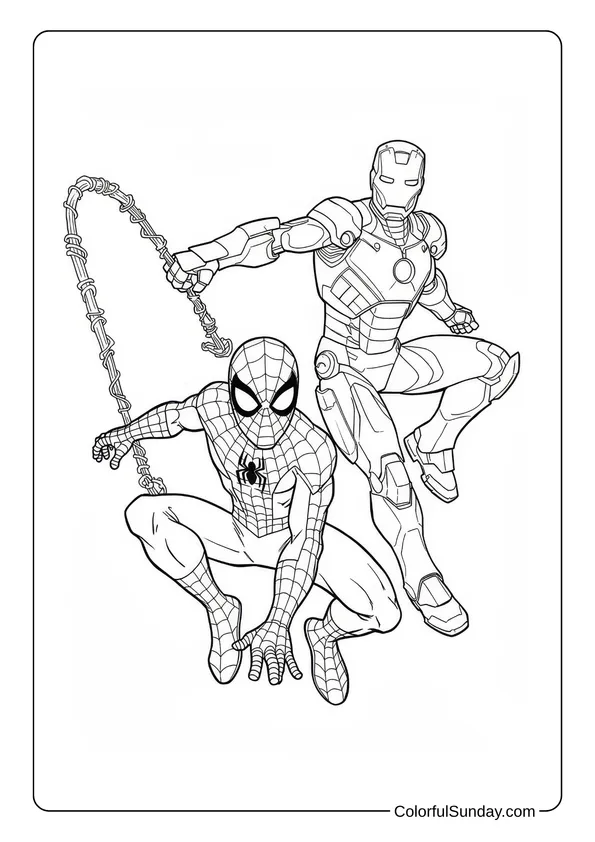 Spider-Man teams up with Iron Man in this superhero coloring page full of action.