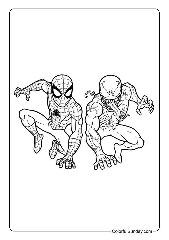 Spider-Man and Venom crouching side by side in a coloring page.