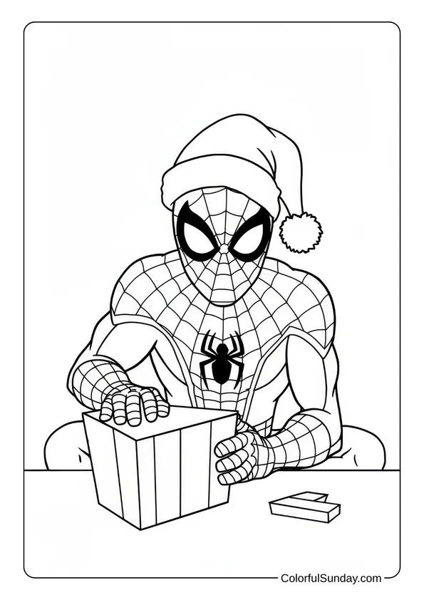 Coloring page of Spider-Man wearing a Santa hat while wrapping Christmas presents.