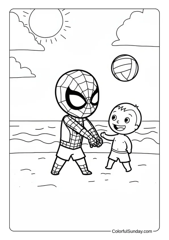 Cartoon-style Spider-Man plays volleyball with a child on a beach coloring page.