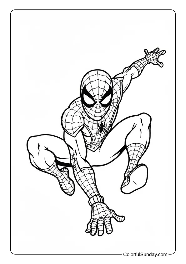 Simple Spider-Man coloring page showing him crouched with one arm stretched forward.