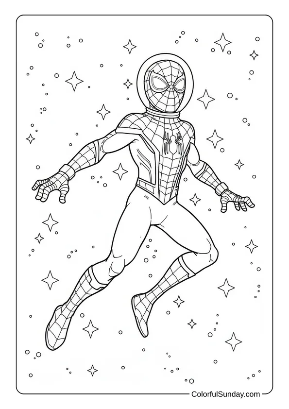 Coloring page of Spider-Man in a space suit floating among stars.