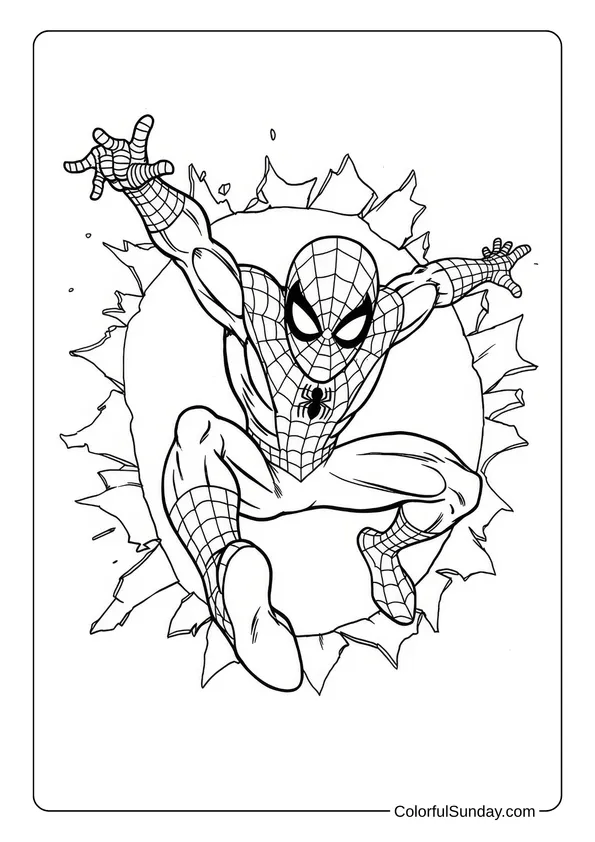 Coloring page of Spider-Man leaping through a circular break in the wall.