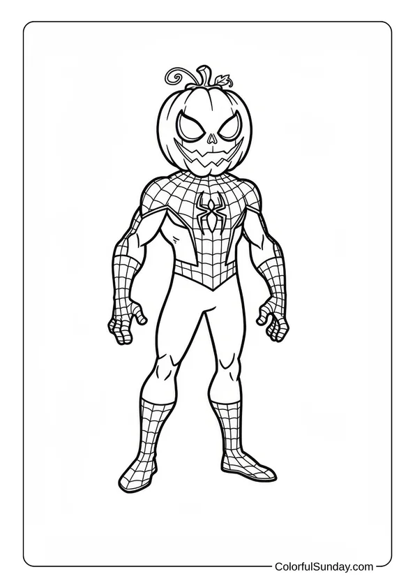 Spider-Man with a pumpkin head in a fun Halloween-themed superhero coloring page.