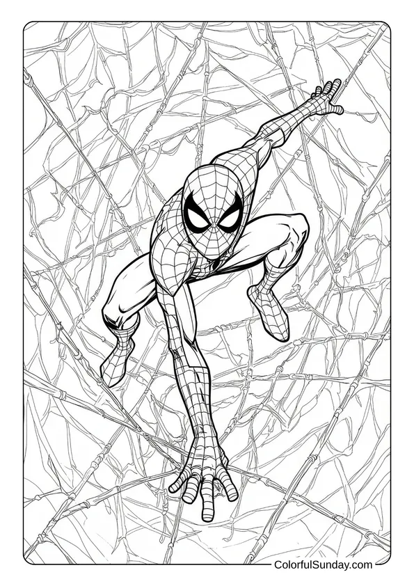 Web-filled coloring page showing Spider-Man leaping forward with intense focus.