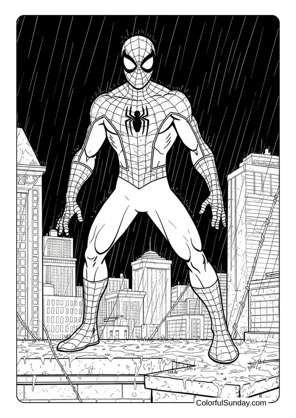 Spider-Man stands tall on a rainy rooftop overlooking a city in this dramatic coloring page.