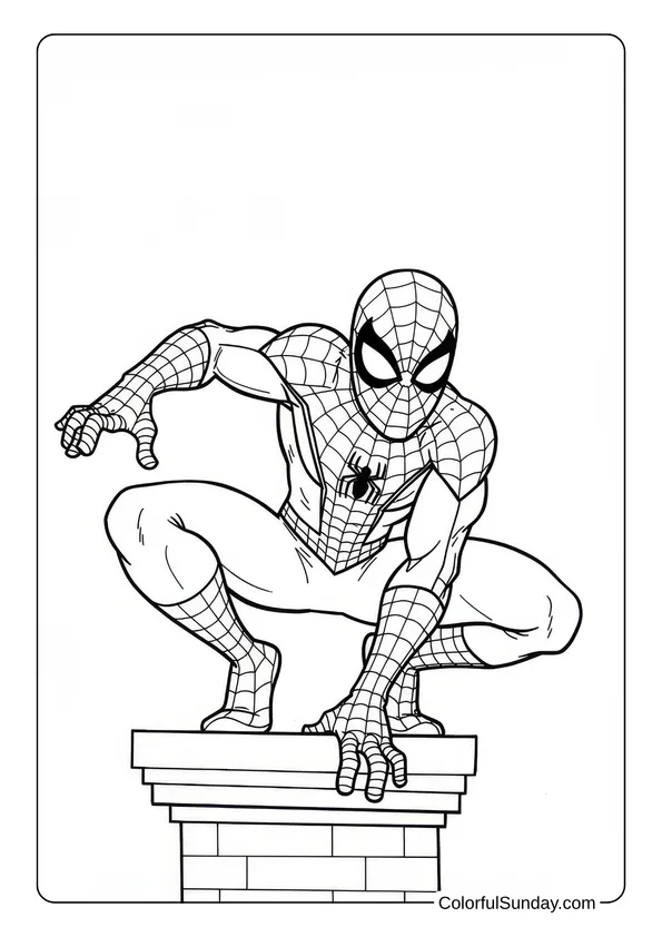 Coloring page of Spider-Man crouching on a chimney ledge, ready to leap.