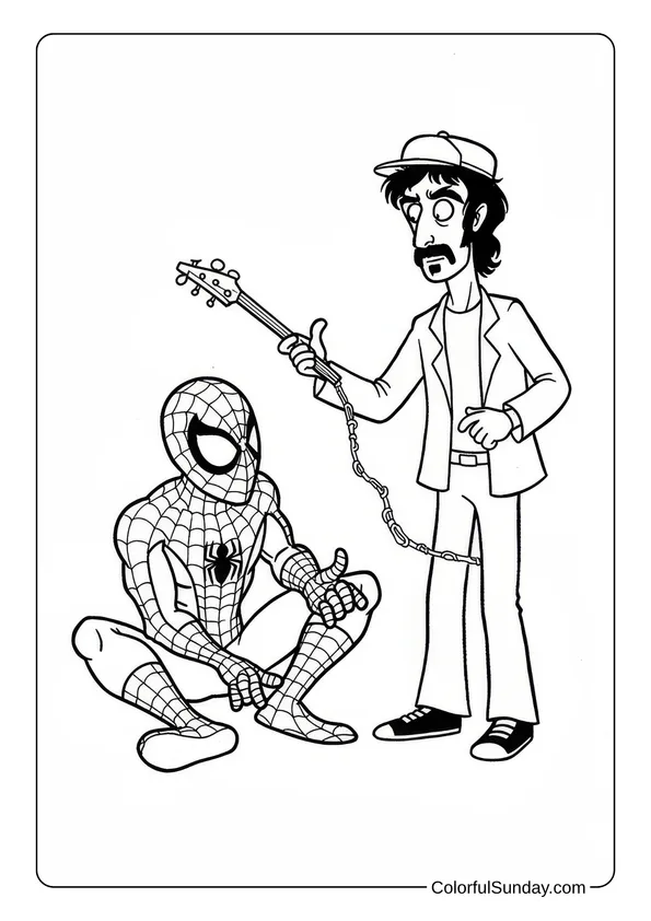 Spider-Man and Frank Zappa interacting with a guitar in a quirky coloring page.