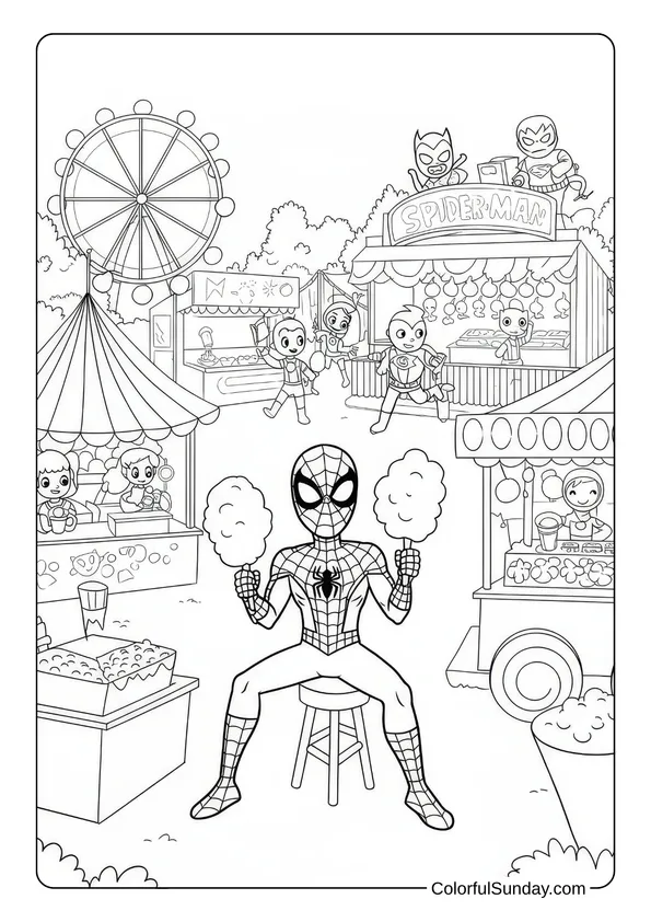 At a fairground, Spider-Man enjoys two cotton candies while kids play in the background in this coloring page.