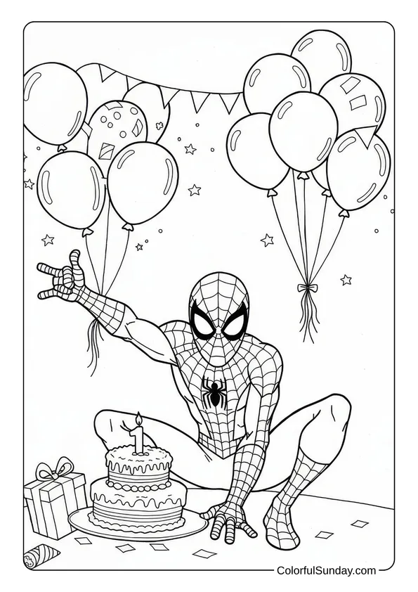 Spider-Man celebrates a birthday with balloons, cake, and presents in this festive coloring page.