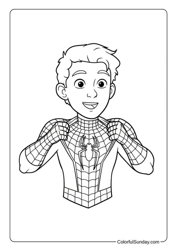 A young boy reveals his Spider-Man suit with a big smile in this cute coloring page.