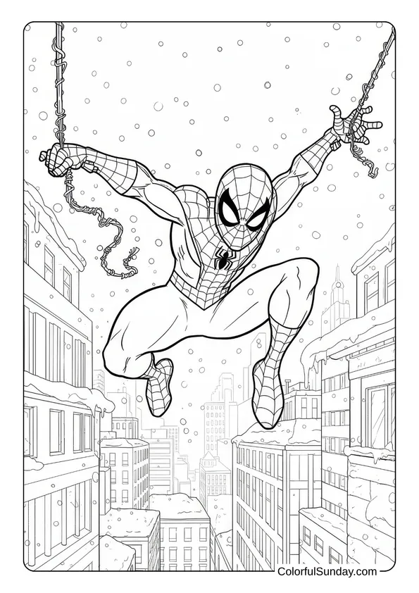 Winter-themed coloring page of Spider-Man swinging through a snow-covered city.