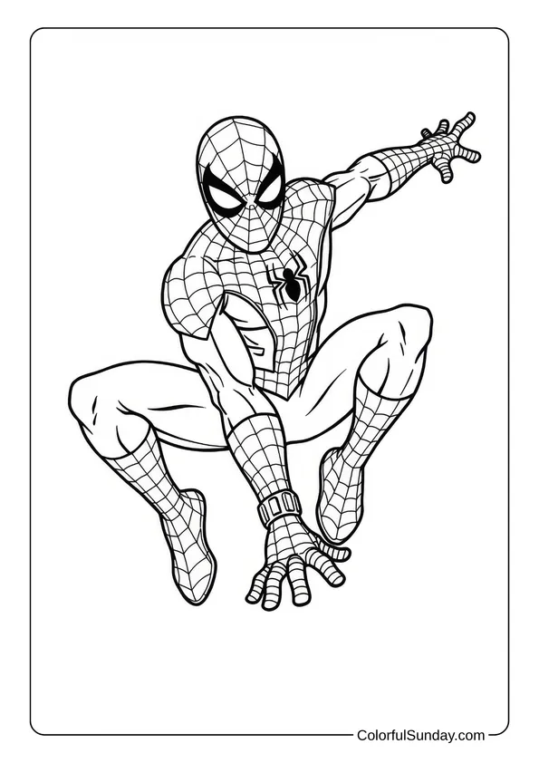 Coloring page of Spider-Man crouching in a ready-to-jump pose on a blank background.