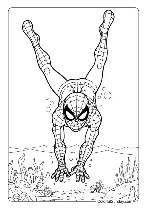 Spider-Man diving underwater with seaweed and coral on the ocean floor in this coloring page.