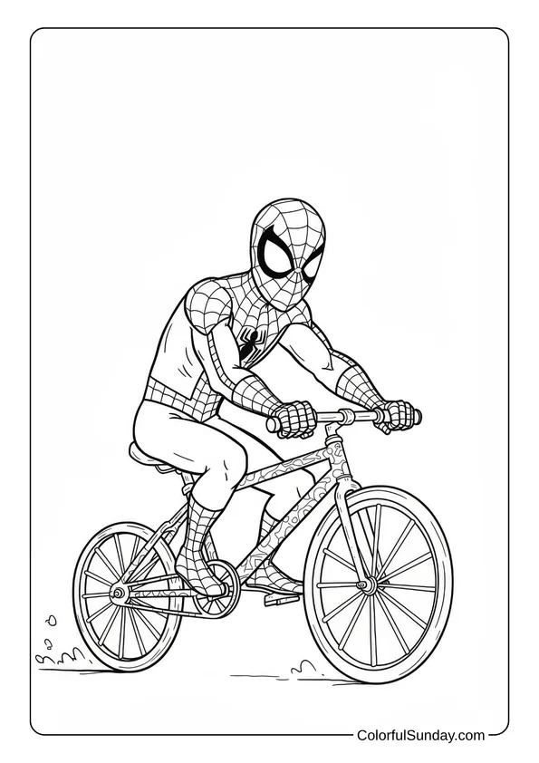 Coloring page of Spider-Man riding a bicycle on a quiet road.