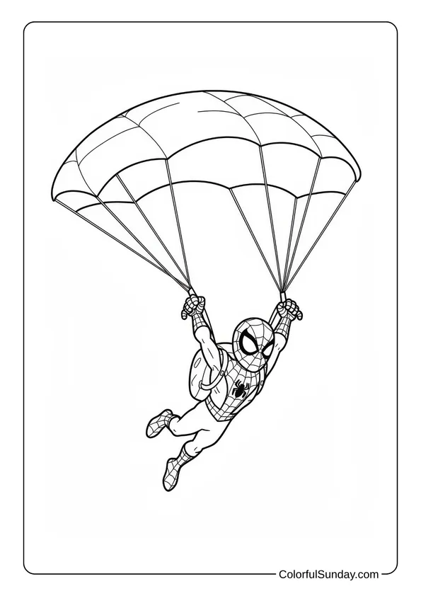 Spider-Man skydiving with a parachute on a detailed coloring page.