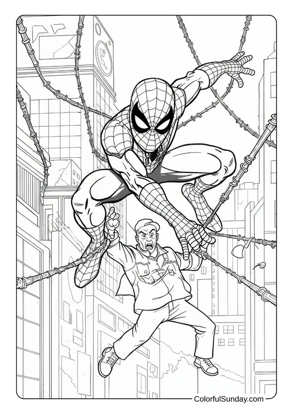 Spider-Man coloring page showing him saving a civilian with multiple webs in the city.