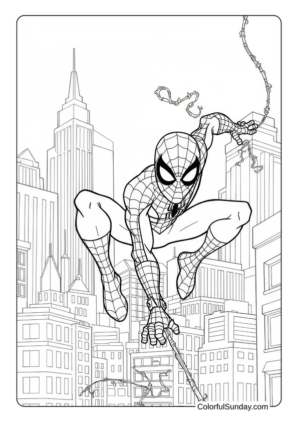 Spider-Man swings between tall buildings in this dynamic cityscape coloring page.