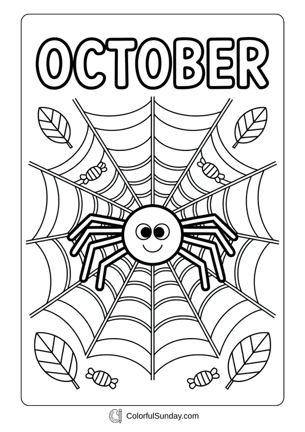 Pokemon Badges And Logo Coloring Page Smiling spider sitting in the middle of its web with leaves and candy around it in an October page.