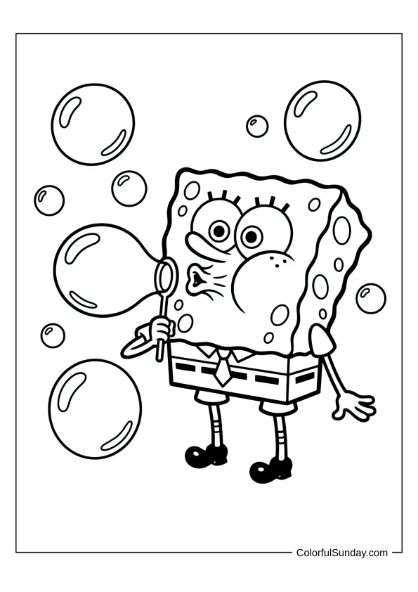 SpongeBob blowing bubbles with his wand in a simple coloring page for toddlers