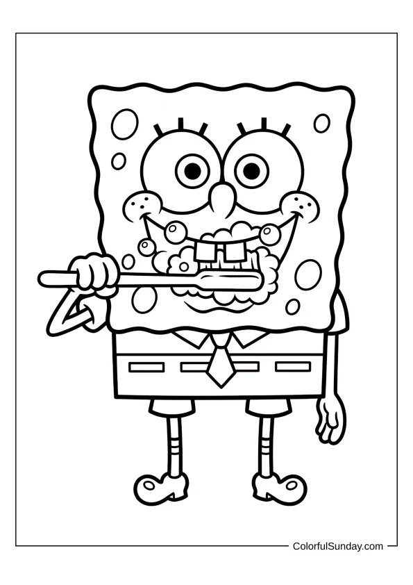 SpongeBob brushing his teeth with toothpaste in a hygiene coloring picture for toddlers