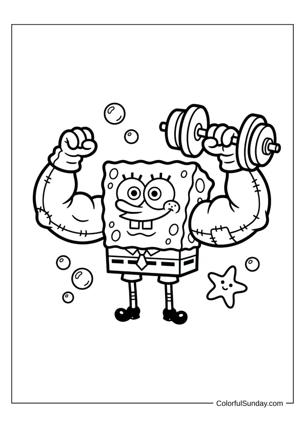 SpongeBob exercising with weights and working out in a fitness coloring page for toddlers