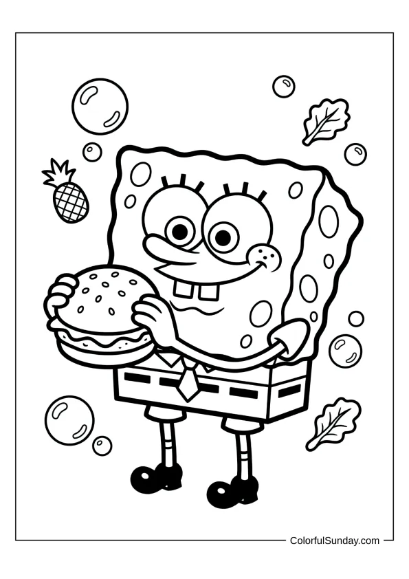 SpongeBob holding a yummy Krabby Patty burger in a tasty coloring sheet