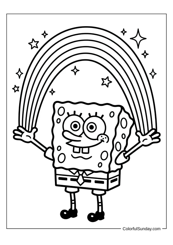 SpongeBob making a rainbow with his hands in an imaginative coloring page