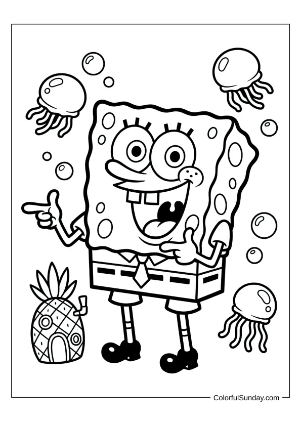 SpongeBob with pointing fingers showing excitement in a fun coloring page to color
