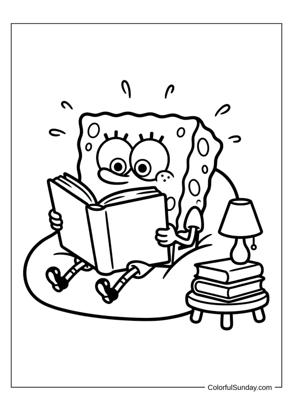 SpongeBob reading a storybook happily in an educational coloring page for kids