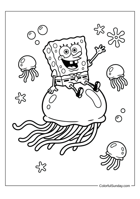 SpongeBob sitting on jellyfish floating through the ocean in a fun coloring page